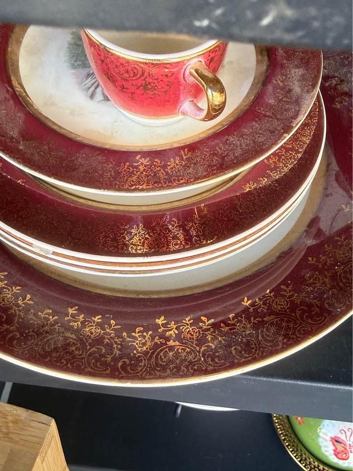 Vintage Burgundy & Gold Dinnerware Set