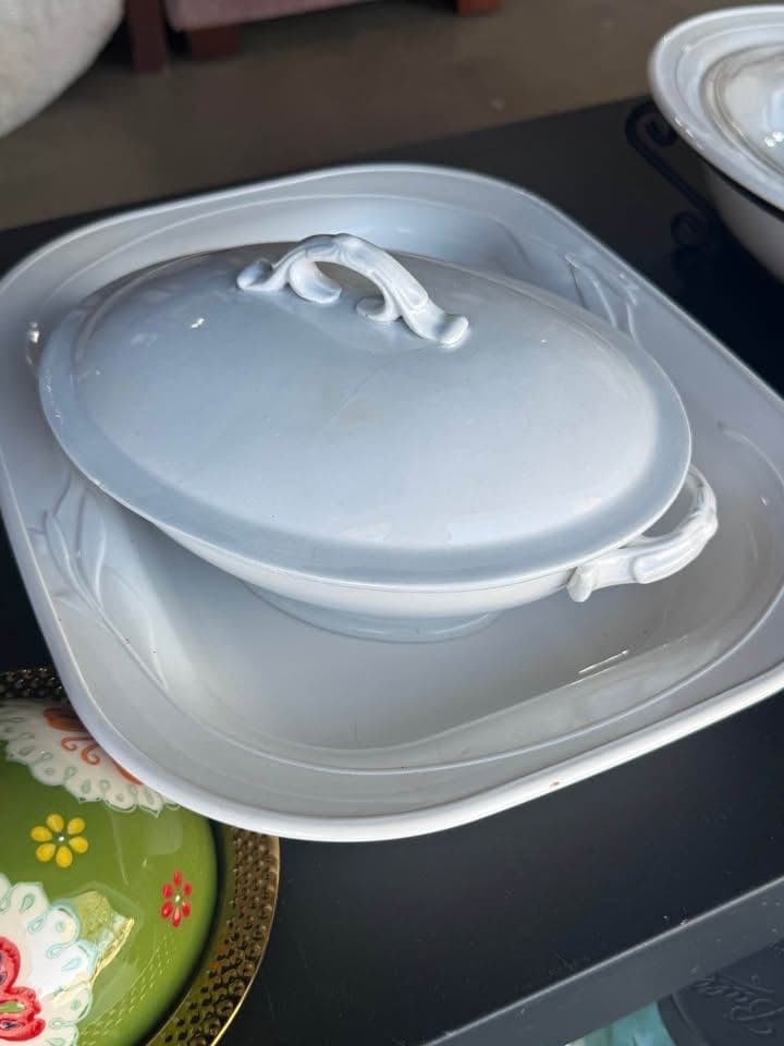 Vintage White Ironstone Covered Soup Tureen with Platter