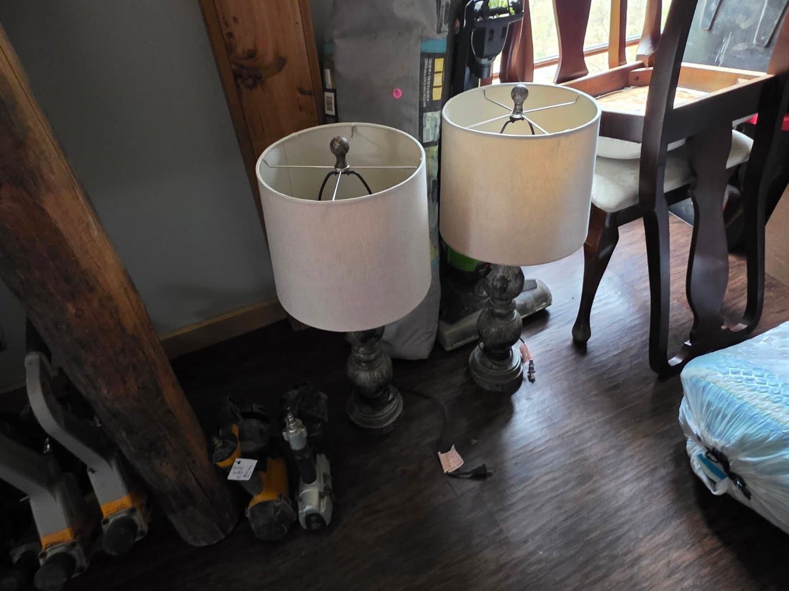 Matching Pair of Ornate Table Lamps with Drum Shades